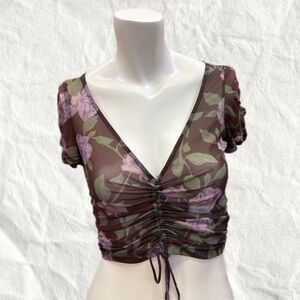 Brown Floral Mesh Crop Top